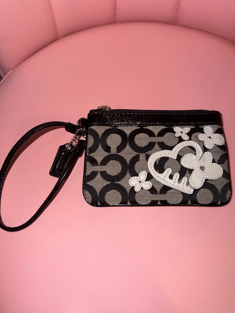 Coach Poppy Black Signature Canvas Wristlet with White Heart & Floral Appliqués